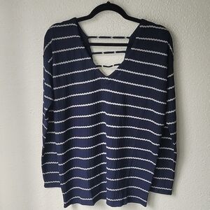 NWT Chaser V Neck Striped Waffle Knit Top, Size Medium, Color Navy/Grey